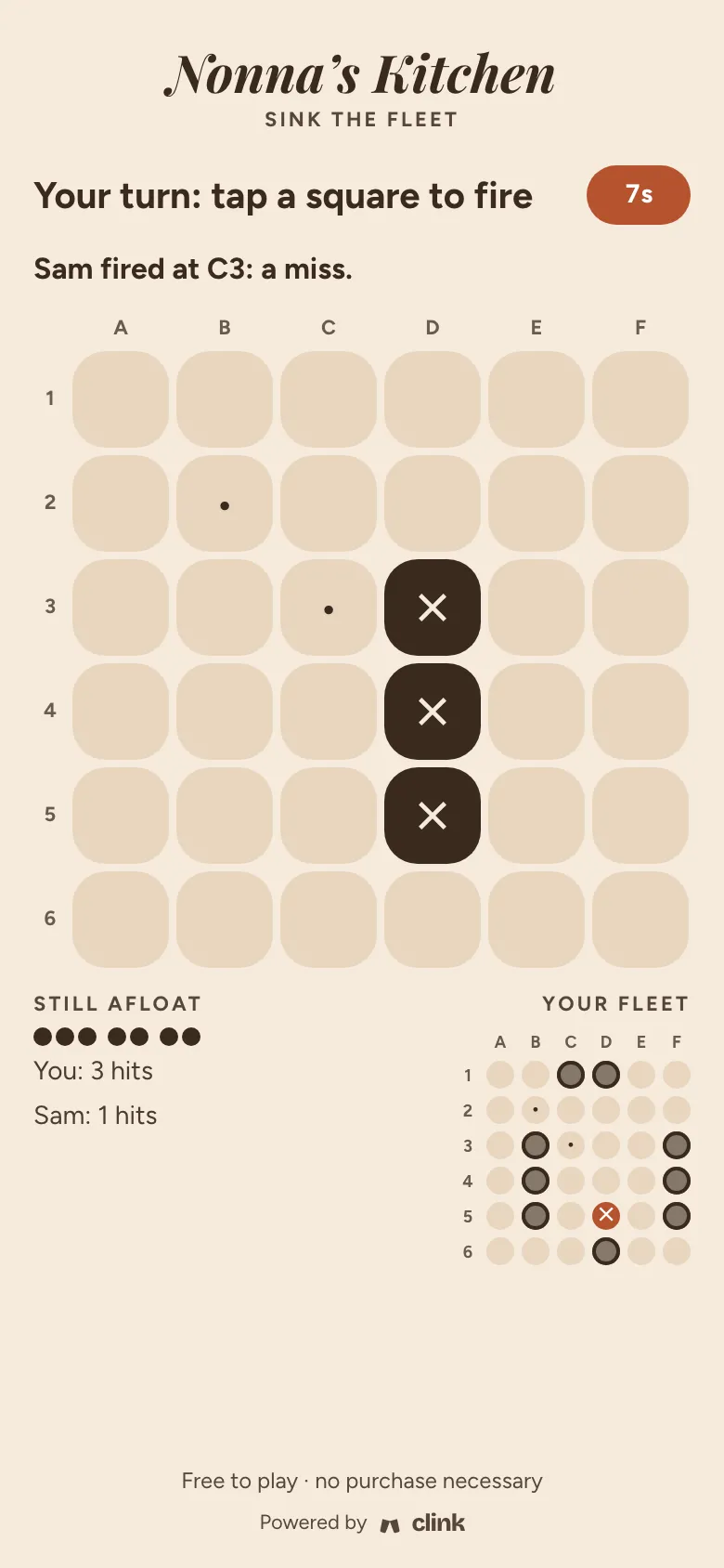 Sink the Fleet in Nonna’s Kitchen’s terracotta: a grid with a sunk ship, and your own fleet below.