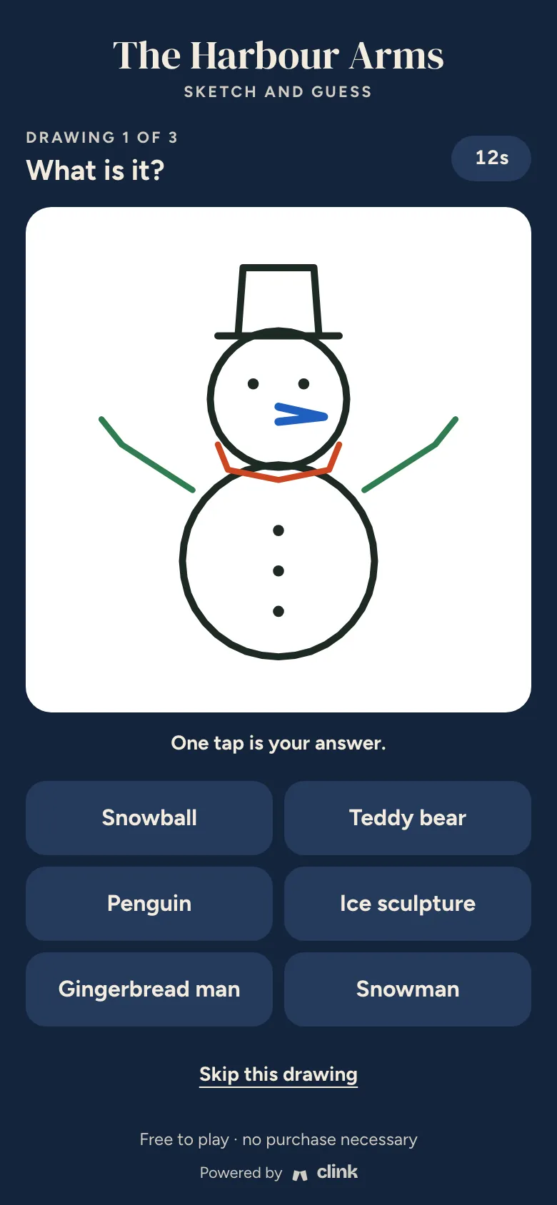 Sketch and Guess in The Harbour Arms’ navy and gold: a snowman drawing with six answers to choose from.
