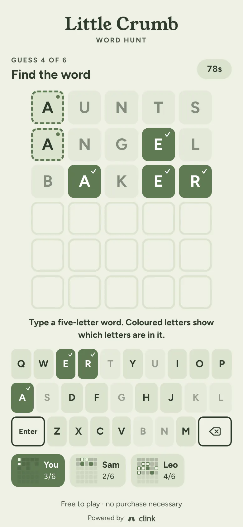 Word Hunt in Little Crumb’s sage green: three guesses on the board, with the table’s progress below.