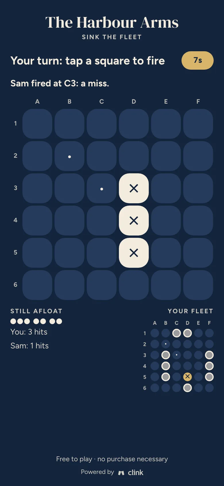 Sink the Fleet in The Harbour Arms’ navy and gold: a grid with a sunk ship and two misses, and your own fleet below.
