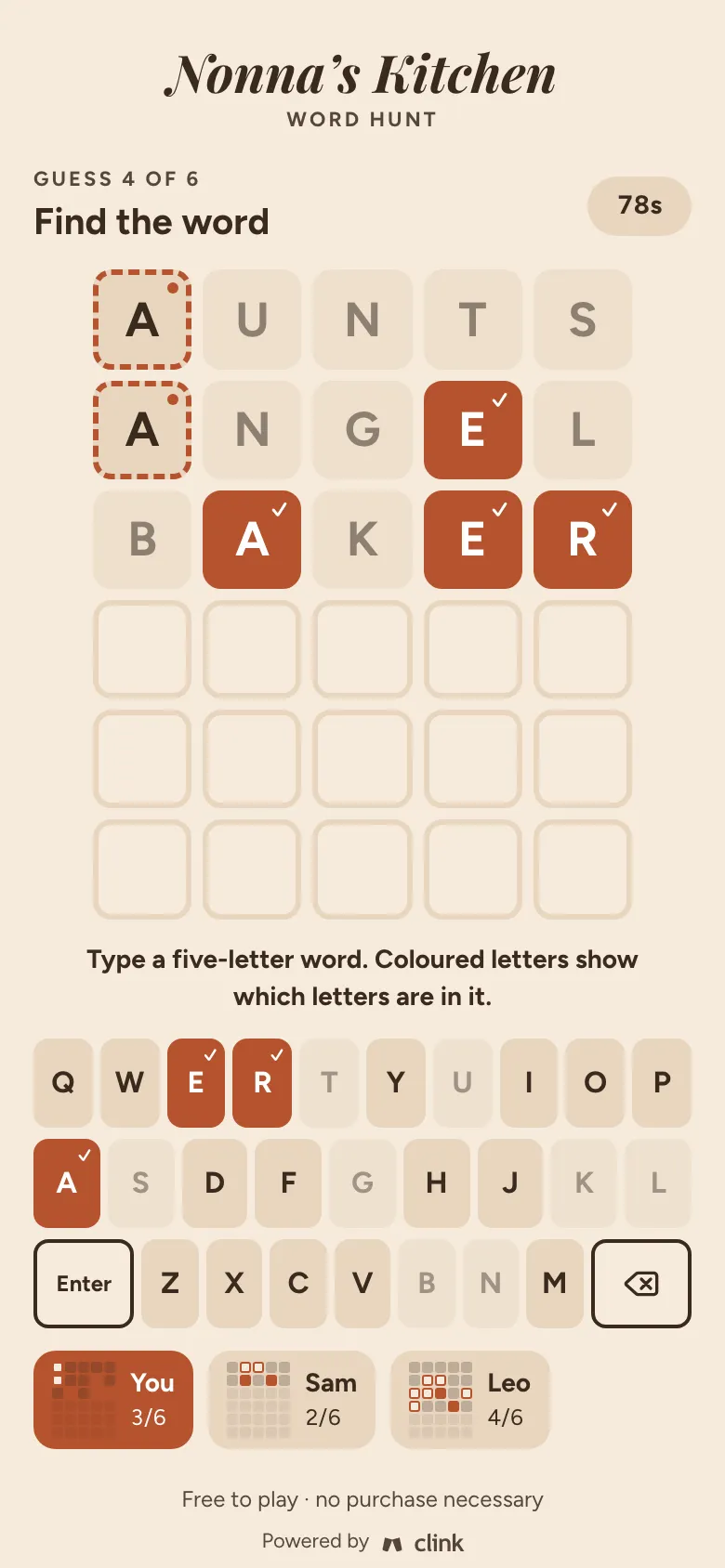 Word Hunt in Nonna’s Kitchen’s terracotta: three guesses on the board and the table’s progress below.
